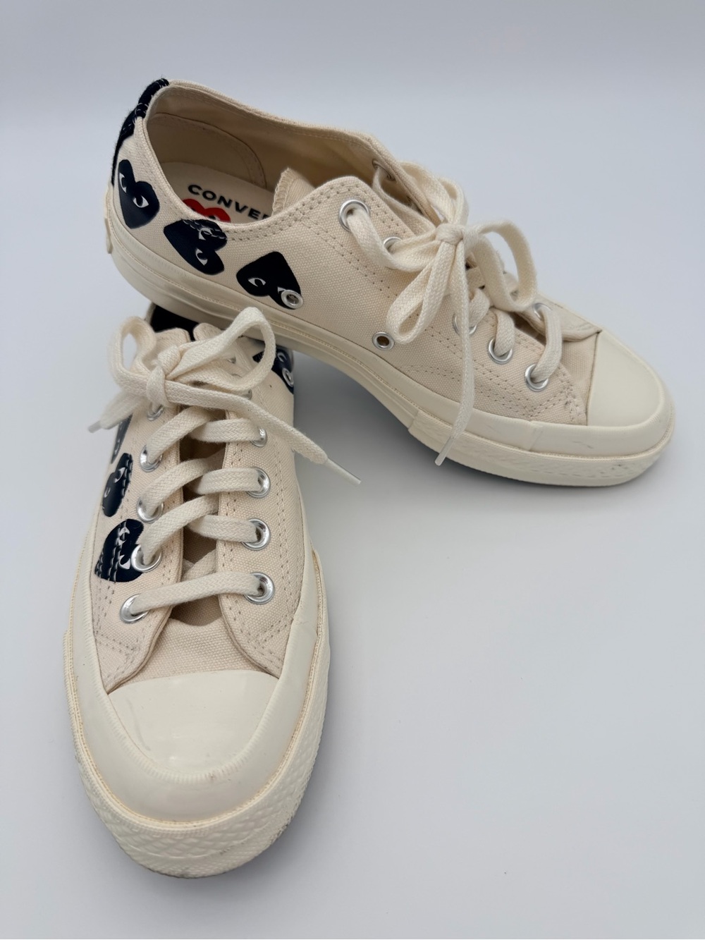 Converse Play Comme des Garcons Canvas Sneakers Cream Black Hearts Unisex 7.5